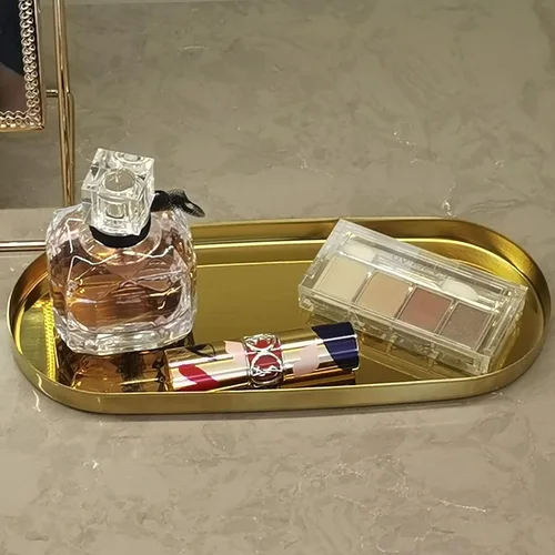 Vista 7 de FREELOVE Bandeja dorada de espejo para tocador de baño, pequeñas bandejas decorativas de metal de latón, baratija ovalada redonda rectangular