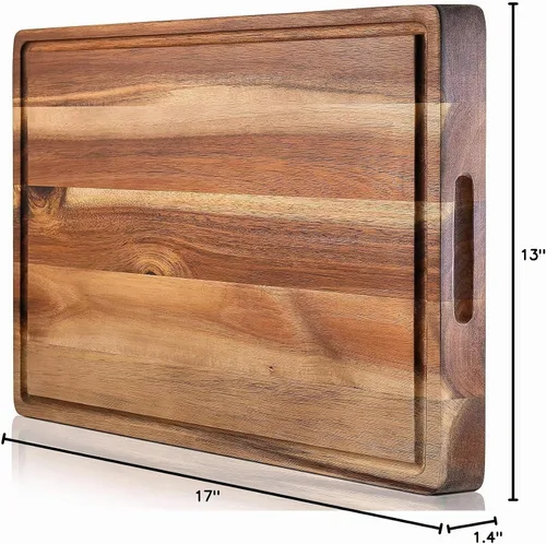 Vista 10 de Tabla de cortar de acacia PREMIUM y bloque de carnicero profesional muy resistente con canal para jugo - Extra grande (17"x13"x1.4"). Tabla