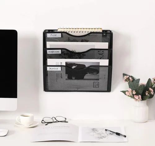 Vista 6 de EasyPAG Office - Carpeta de pared con 3 bolsillos para guardar archivos, organizador de metal para documentos Negro