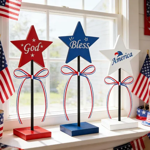 Vista 4 de 3 decoraciones de mesa del 4 de julio, decoraciones del 4 de julio para mesa, diseño de impresión de doble cara, decoraciones patrióticas rústicas