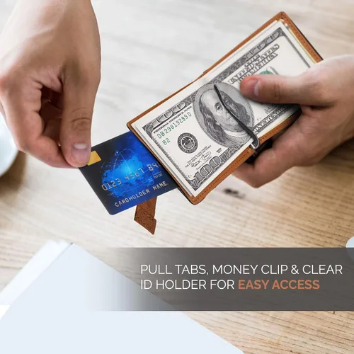 Vista 3 de Billeteras de cuero vegano minimalista con bloqueo RFID para hombres con clip de dinero, Negro -, Moderno