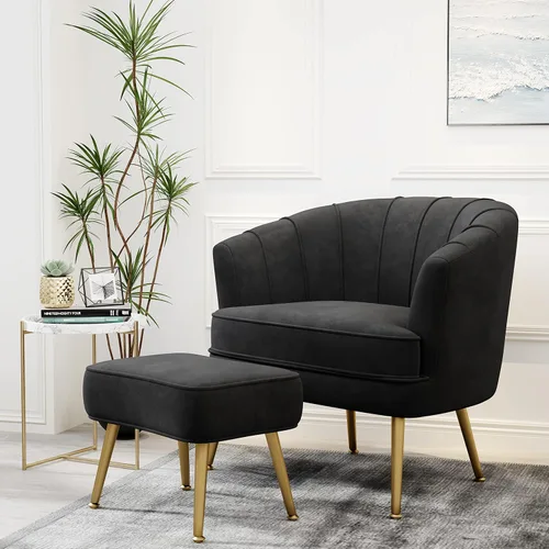 Vista 13 de Andeworld Silla decorativa de terciopelo con otomana, sillón de barril Beige