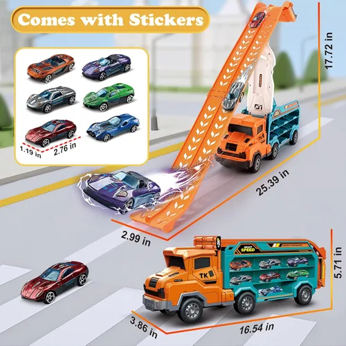 Vista 2 de Juguetes de camión para niños pequeños, camión transportador de automóvil de juguete para niños de 3 a 5 4 a 8 años, juegos de pista de autos Naranja