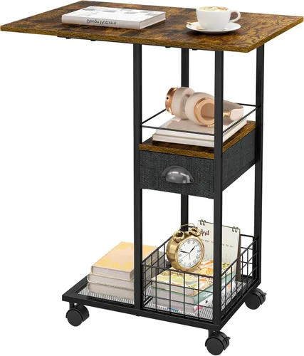 Vista 10 de Mesa de centro rodante con parte superior de madera doble ancha de gran tamaño, bandeja de TV móvil con cajón de almacenamiento y ruedas para sofá