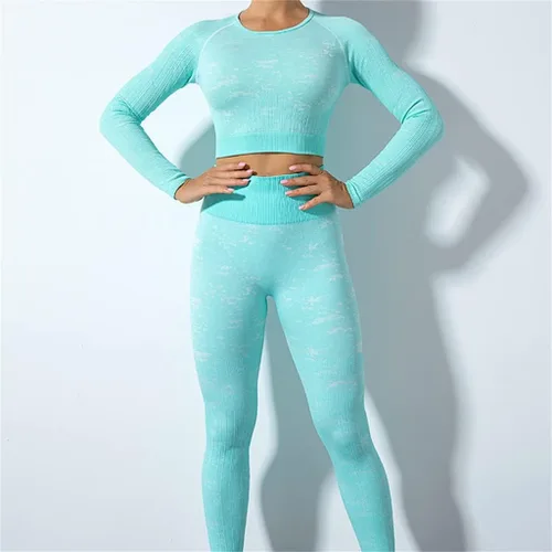 Vista 2 de MJWDP - Conjunto de ropa de yoga con puntos de color, sin costuras, cintura alta, pantalones de yoga para el vientre, traje deportivo de manga larga