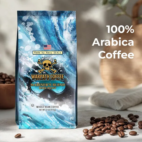 Vista 4 de Café Warpath tostado oscuro en grano entero, mezcla Mariner, alta cafeína, granos de café Arábica 100% tostados enteros, aroma rico, taza intensa