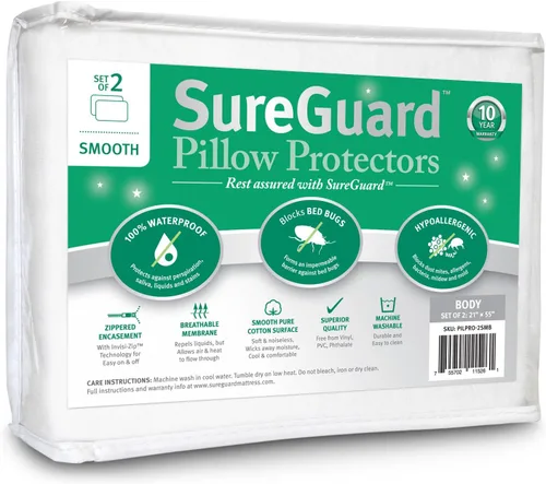 Vista 10 de Juego de 2 protectores de almohada SureGuard de tamaño estándar, 100% impermeables, a prueba de chinches, hipoalergénicos, fundas de rizo de algodón