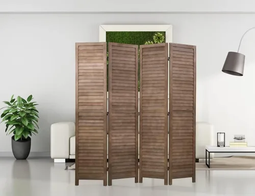 Vista 12 de Divisor de habitación de 3 paneles, pantalla de privacidad plegable de 67 pulgadas de alto con paneles de madera con rejillas, partición Gris