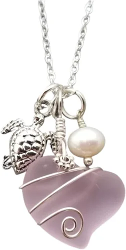 Vista 13 de Collar de cristal de mar hecho a mano, collar de corazón de alambre, collar de abalorios y perlas, joyería de cristal de mar, regalo de cumpleaños
