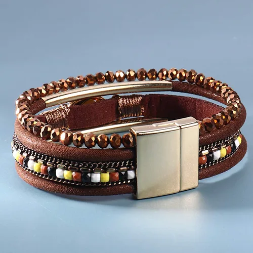 Vista 6 de FANCY SHINY- Pulseras de cuero de la envoltura de cuentas de cristal de la pulsera Boho Cuff piedra, dije, pulseras con cierre magnético de joyería