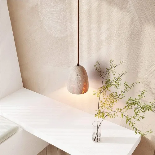 Vista 4 de Small Yellow Travertine Hanging Lamp Vintage Mid Century Living Room Pendant Lights Modern Simple Wood Dome Chandeliers for Farmhouse Restaurant