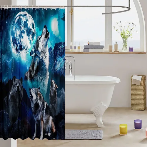 Vista 3 de Cortina de baño de lobo con luna azul noche para niños, juego de cortina de ducha para tinas de cielo estrellado, vida silvestre, animales salvajes