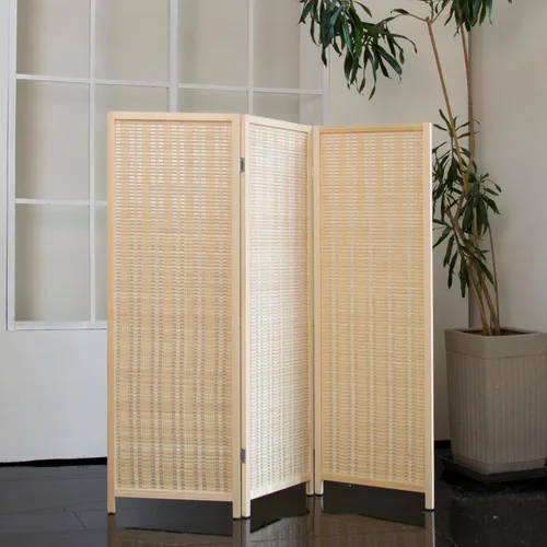 Vista 3 de Divisor corto de habitación de 3 paneles – Pantalla de privacidad plegable de doble cara de 3.9 pies de alto, pared de división de bambú beige