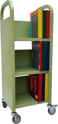 Vista 3 de Workington Carrito de libro con ruedas de un solo banco con 3 estantes planos, carrito de libros de biblioteca con ruedas giratorias bloqueables
