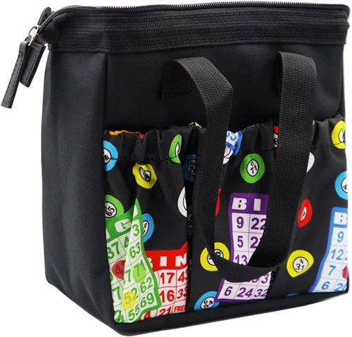 Vista 5 de Yuanhe Bingo Dauber Tote Bag - Bolsa de 6 bolsillos con patrón de bingo, Negro -, Bolso