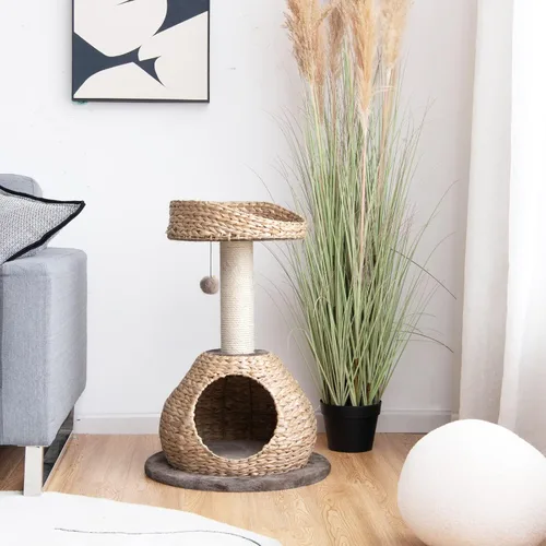 Vista 2 de Tangkula Árbol para gatos moderno, torre para gatos pequeña con poste de rascar de sisal natural, condominio para gatos de mimbre hecho a mano