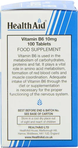 Vista 2 de Health Aid Vitamina B6 (Piridoxina HCl) 10 mg 100 Tabletas