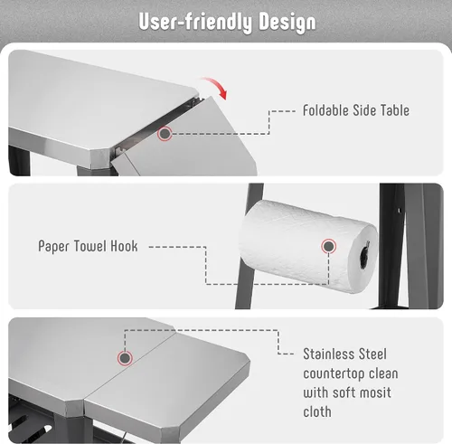 Vista 4 de Feasto Carro de Parrilla al Aire Libre, Mesa con Horno de Pizza con Ruedas, Encimera de Acero Inoxidable con Mesa Extensible Plegable, Carro