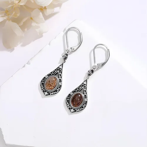 Vista 2 de MRENITE Aretes colgantes de cristal natural victoriano vintage de inspiración antigua para mujer, aretes de piedra curativa ovalada natural