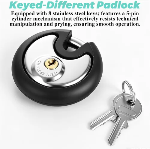 Vista 6 de 4 Pcs Disc Padlock 70 mm, Round Pad Lock with 8 Keys, Stainless Steel Body with Black Rubber Bumper, Storage Unit Use for Shed, Garage, Fence and