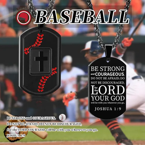 Vista 4 de Collar de cruz con versículo bíblico de béisbol, acero inoxidable, dije de cruz en tono negro/dorado/plateado, regalos religiosos, joyería deportiva