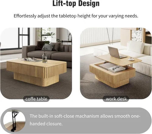Vista 6 de LKTART Mesa de Centro con Tapa Elevable para Sala de Estar, Mesa de Centro Acanalada de Acento con Almacenamiento, Mesa de Té Central Rectangular