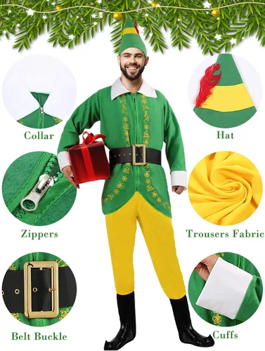 Vista 8 de Disfraz de elfo para hombre disfraz de amigo para Halloween Navidad cosplay conjunto completo de disfraces de fantasía trajes de fiesta verdes