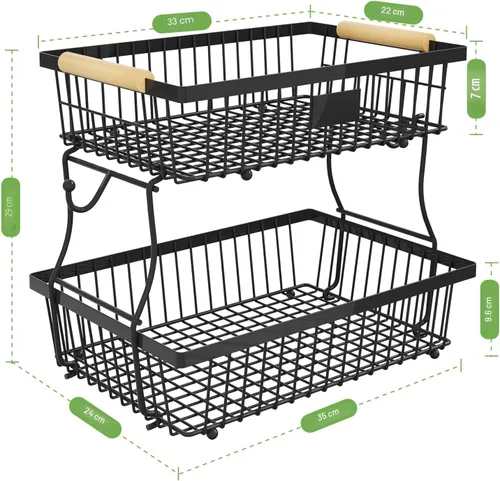 Vista 4 de Cesta de frutas de 2 niveles para encimera de cocina con 2 ganchos para plátanos, cesta de pan de metal para encimera con mango de madera, soporte