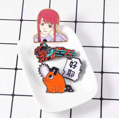 Vista 3 de Anime Chainsaw Pochita Brooch Pins - Makima Pochita Cosplay Enamel Pins - Metal Badge Jewelry Accessory for Backpack Clothes Caps