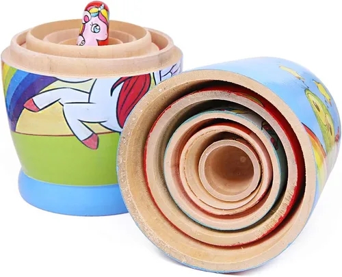 Vista 3 de Winterworm Juego de 6 muñecas rusas de madera con diseño de unicornio para decoración del hogar, juguetes apilables para cumpleaños