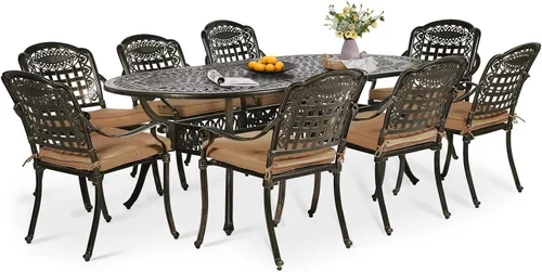 Vista 30 de Juego de comedor de patio de 9 piezas, mesa y sillas de patio al aire libre, mesa de comedor ovalada de aluminio fundido de 84 pulgadas con agujero