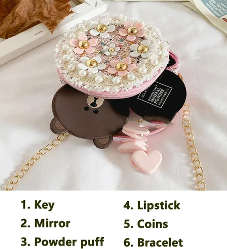 Vista 4 de sveter Bolso para niños para niñas, lindo bolso cruzado de flores para niños, juego de regalo de joyería de vestir de 3 piezas, Rosado, Casual
