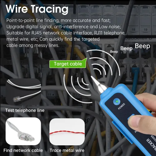 Vista 4 de Rastreador de Cables Probador de Cables de Red Ethernet RJ45 RJ11 - Rastreador de Tonos de Alambre CAT5 CAT6 Probador de Continuidad - Kit
