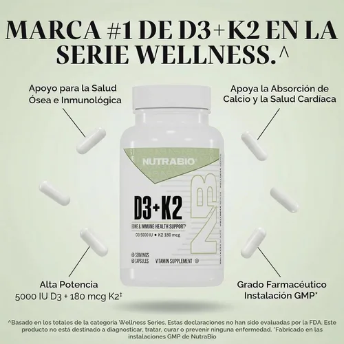 Vista 7 de NutraBio Vitamina D3 K2 5000 UI D3 como colecalciferol con vitamina K2 como MENA-Q MK7 (180 mcg) Apoya la salud ósea y cardíaca Sin OMG, sin