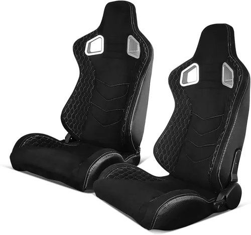 Vista 35 de IKON MOTORSPORTS, Asiento universal de carreras PU + cuero de carbono + gamuza, con deslizadores dobles, asiento deportivo reclinable negro