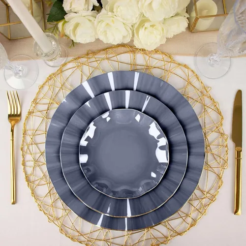 Vista 80 de Tableclothsfactory Paquete de 10 platos redondos de plástico negro de 6 pulgadas para ensalada de postre, platos desechables con borde ondulado