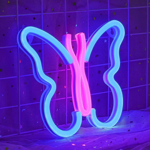 Vista 3 de Luz nocturna para niños, enchufe de mariposa de fibra óptica, cambio de color, luz nocturna, lámpara de decoración de juguete de regalo (azul + rosa)