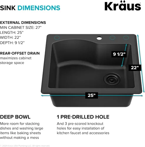 Vista 4 de KRAUS Quarza - Fregadero de cocina de granito de instalación empotrada/sobre encimera de un solo seno, 25 pulgadas, color negro, KGD-441BLACK