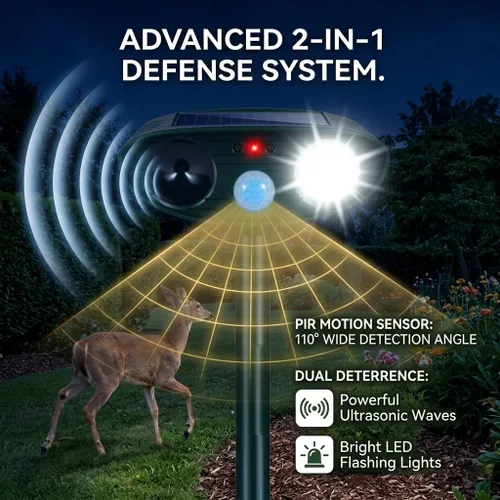 Vista 2 de Sonic Fortress Pro - Paquete de 2 dispositivos repelentes de ciervos para plantas, repelente solar ultrasónico de animales al aire libre