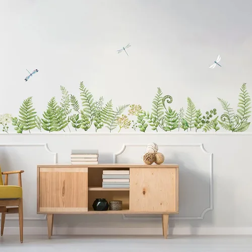 Vista 4 de decalmile Calcomanías de esquina de pared con plantas de helecho verde, hojas tropicales, base de libélula y línea de zócalo, pegatinas de pared