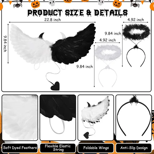 Vista 2 de Liliful 3 piezas de alas de diablo de ángel con diadema, disfraz doble de ángel diablo para niños y adultos, disfraces de Halloween con correas