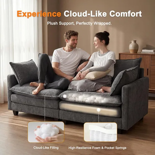 Vista 3 de Juego de sofá de 77" de chenilla en forma de nube con cojines, sofá cama de asiento profundo para apartamentos, 2 plazas que ahorra espacio con Gris