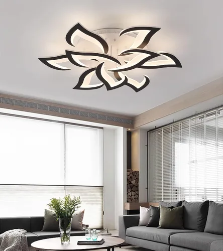 Vista 8 de MEIXISUE Lámpara de techo moderna con flor LED en negro, accesorios de iluminación de techo montados con control remoto para sala de estar
