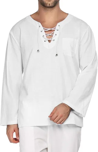 Vista 2 de COOFANDY Camisas de lino de algodón para hombre, con cordones, casuales, para playa, hippie, cuello en V