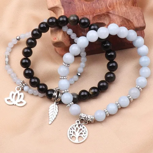 Vista 3 de UEUC - Pulseras Reiki, apilables, de piedras curativas, cristales, con dije del árbol de la vida, yoga y hoja de loto, contra la ansiedad