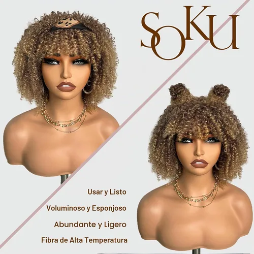 Vista 4 de SOKU Peluca de cabello corto rizado para mujeres negras, peluca corta rizada con flequillo, 10 pulgadas, rubia, resistente al calor, para mujer