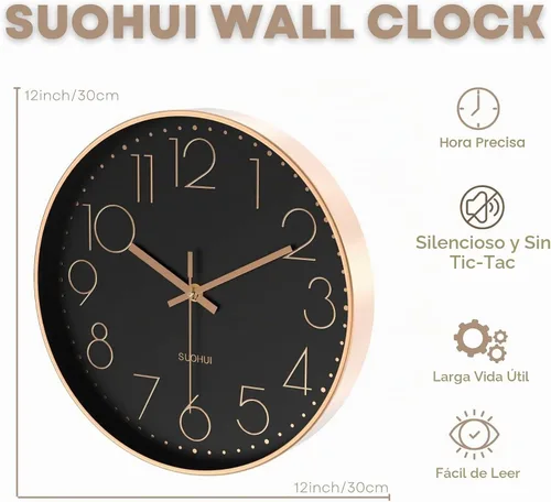 Vista 3 de Reloj de pared silencioso de 12 pulgadas, relojes de pared sin tictac que funcionan con pilas, para decoración de sala de estar, reloj de pared Oro