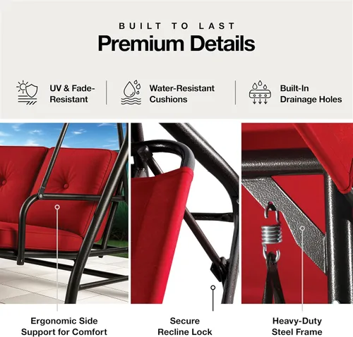Vista 8 de Columpio para porche, columpio de 3 asientos para patio al aire libre con toldo para adultos, cama deslizante convertible, cojines gruesos