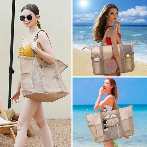Vista 2 de Eslcorri Bolso de playa de malla Bolsa de playa extra grande con 11 bolsillos plegable bolsa de hombro para mujer