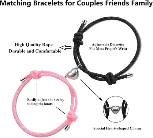 Vista 2 de Dlihc 2 pulseras para parejas para mujeres y hombres, pulseras de corazón para parejas, pulseras a juego para mejor amigo, novio y novia